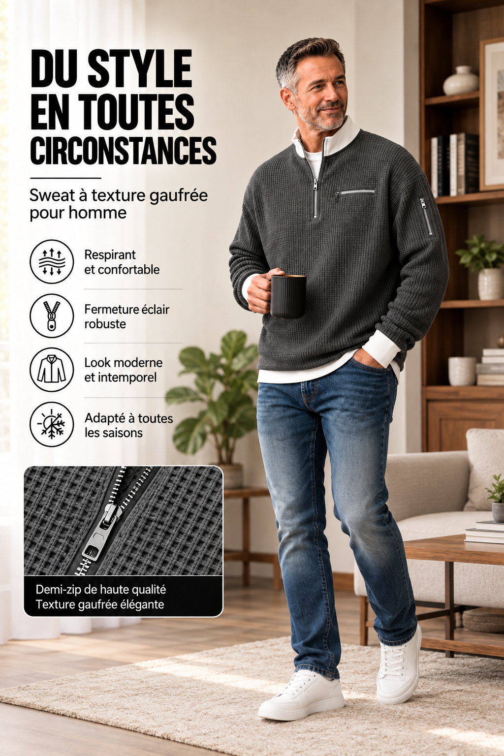 Gaspard | Pull gaufré à demi-zip - Casa Cavari